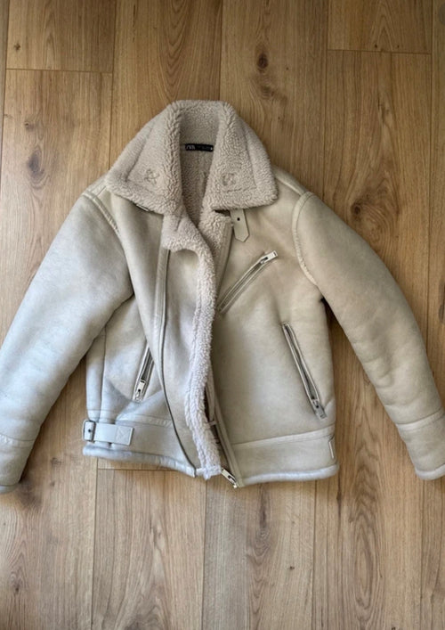 Zara Cream Faux-Shearling Biker Jacket — جاكيطة Zara