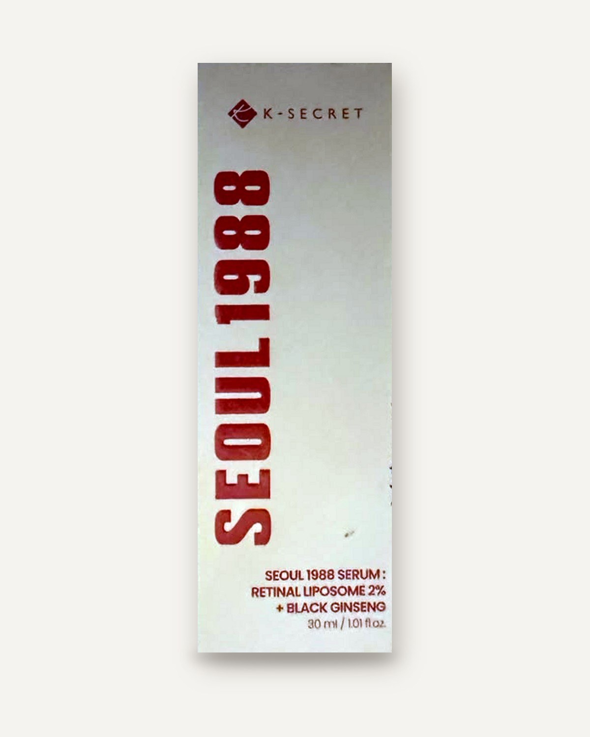 K-SECRET Seoul 1988 Serum Retinal Liposome 2% + Black Ginseng 30ml, box front – سيروم الريتينال والجينسنغ الأسود