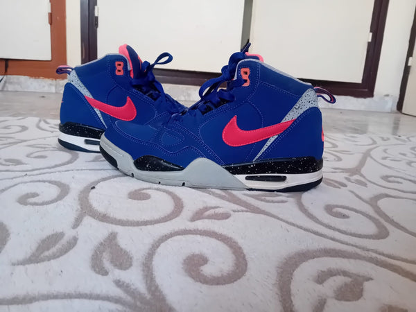 Nike Air Flight 13 Mid blue sneakers EU 41 second-hand, real photo, Lbass Original Morocco — both shoes side by side showing the infrared swoosh